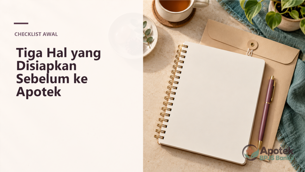 Ilustrasi tiga hal yang disiapkan sebelum ke apotek dengan watermark Apotek BPJS Bantul.